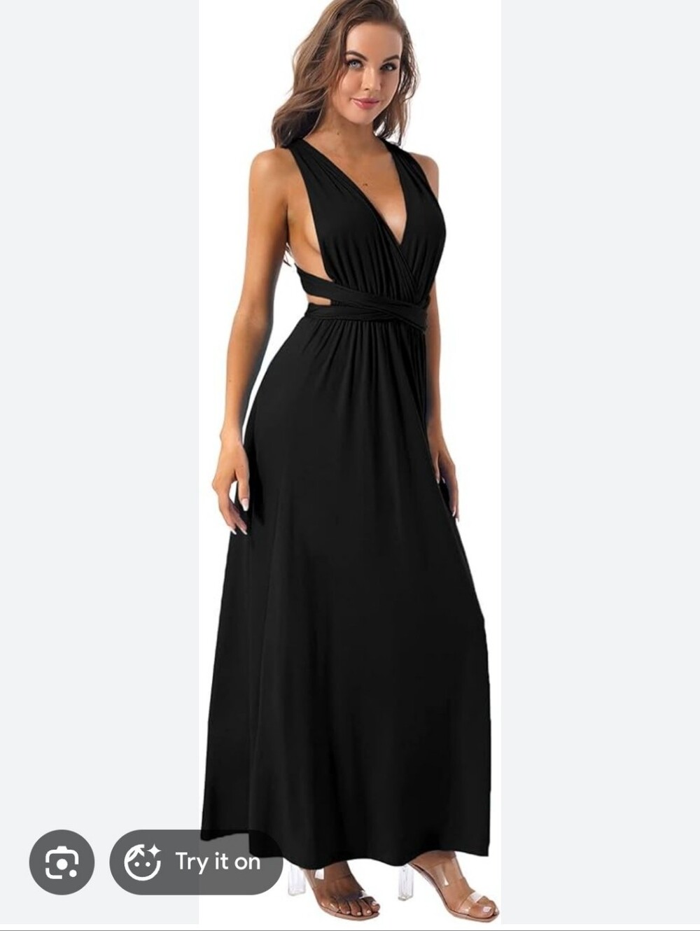 Nwt Amazon Multiway Slit Maxi Dress Elegant Black V-Neck Front Slit Gown Goth - Picture 3 of 12